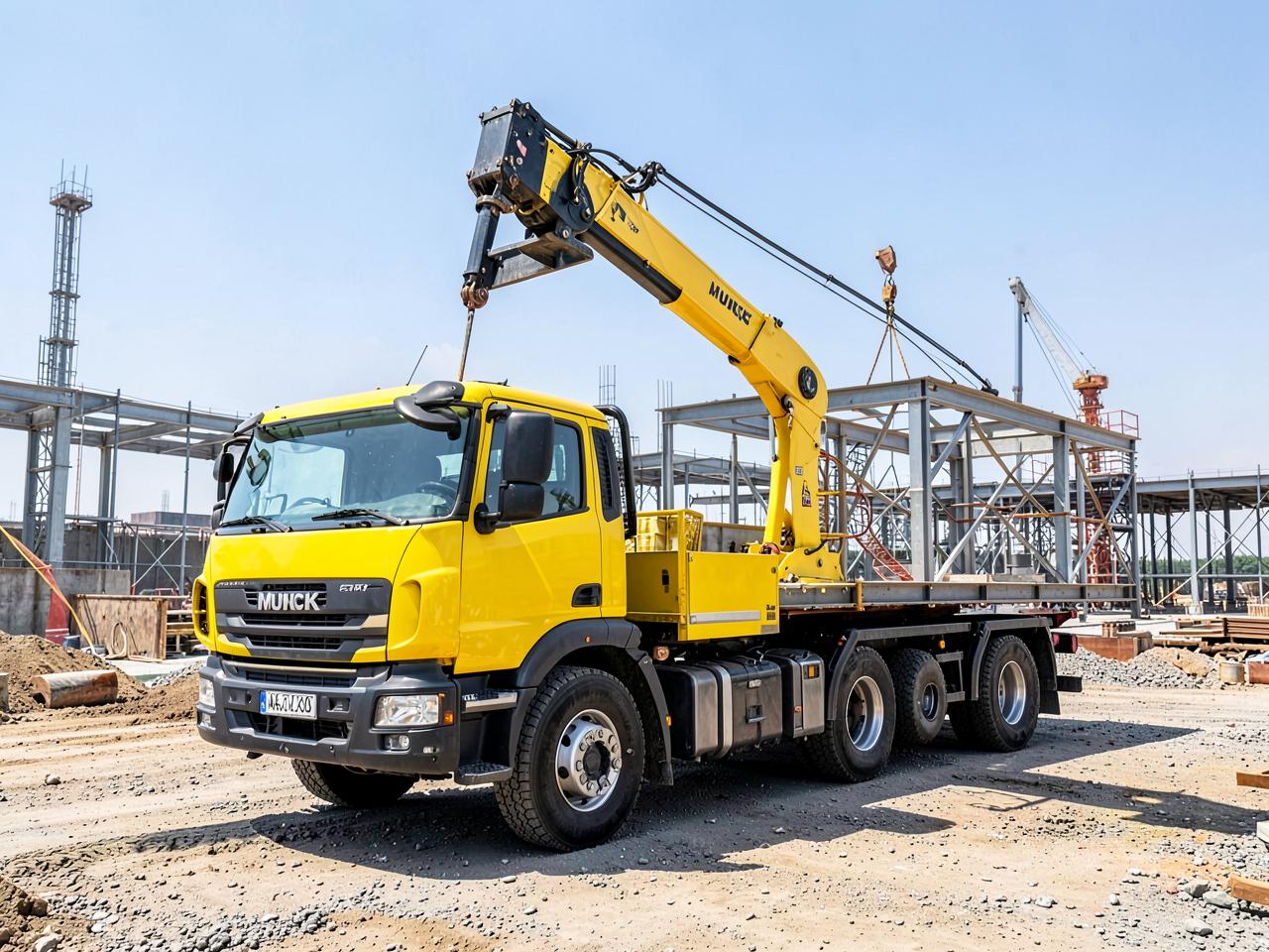 Caminhão Munck realizando içamento de estrutura em obra industrial