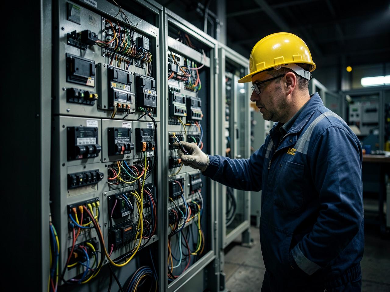 Engenheiro eletricista trabalhando em painel elétrico industrial
