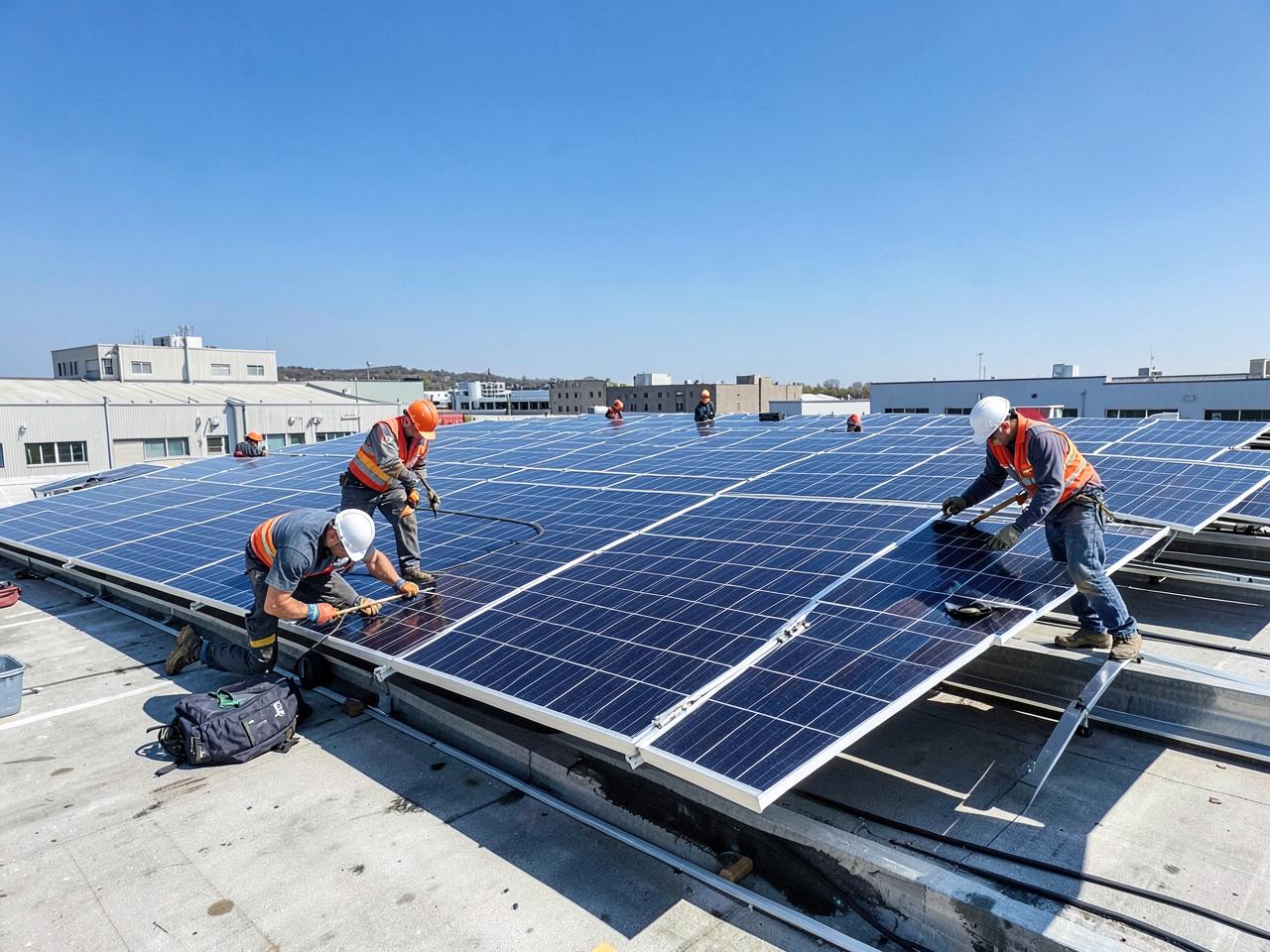 Instalação de painéis solares por equipe técnica