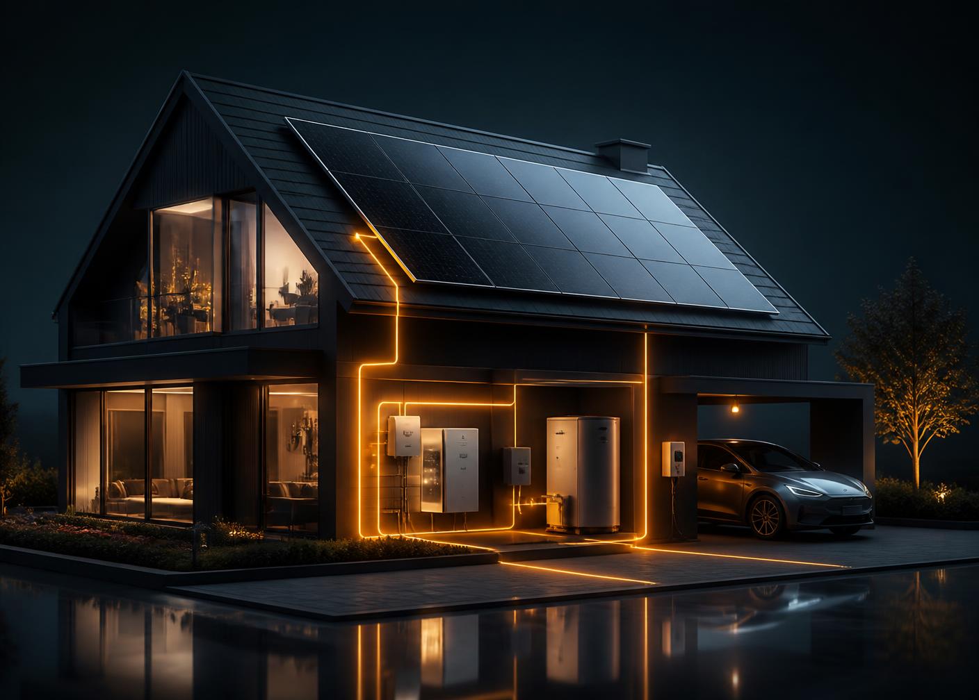 Casa moderna com placas solares e linhas de energia iluminadas